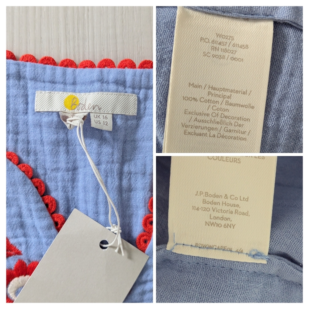 Boden Abigail Embroidered Blouse Top Gauze Floral Boho Blue Crinkle boho - Picture 6 of 11